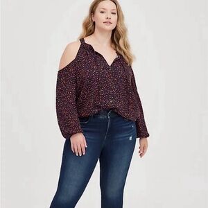 Torrid Cold Shoulder Black and Red Floral Blouse